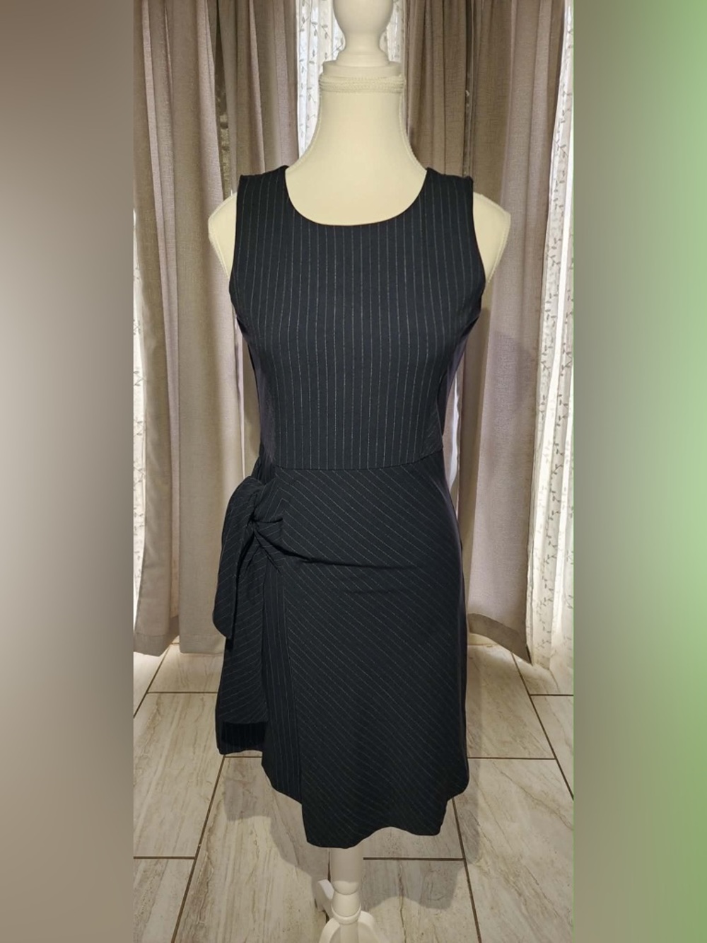 Sleeveless Black Pinstripe Midi Dress with Side Tie